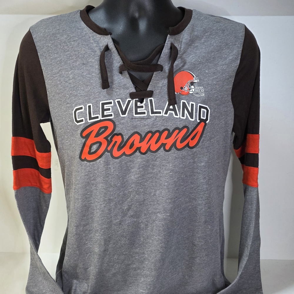 NFL Cleveland Browns Gray Brown Long Sleeve Lace-Up Fan Tee with Orange Accents